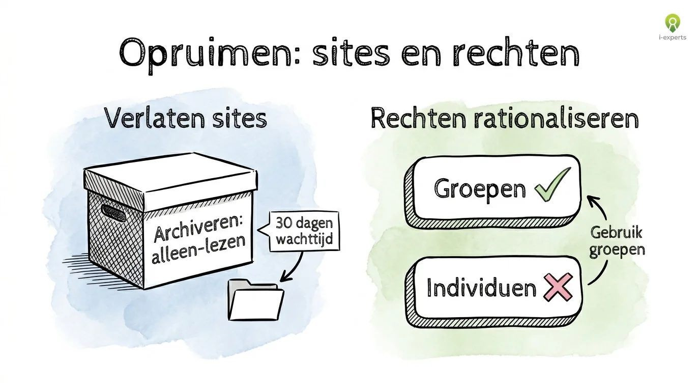 Twee-kolommen diagram voor SharePoint opruimen: verlaten sites archiveren met 30 dagen wachttijd en rechten rationaliseren via groepen in plaats van individuen