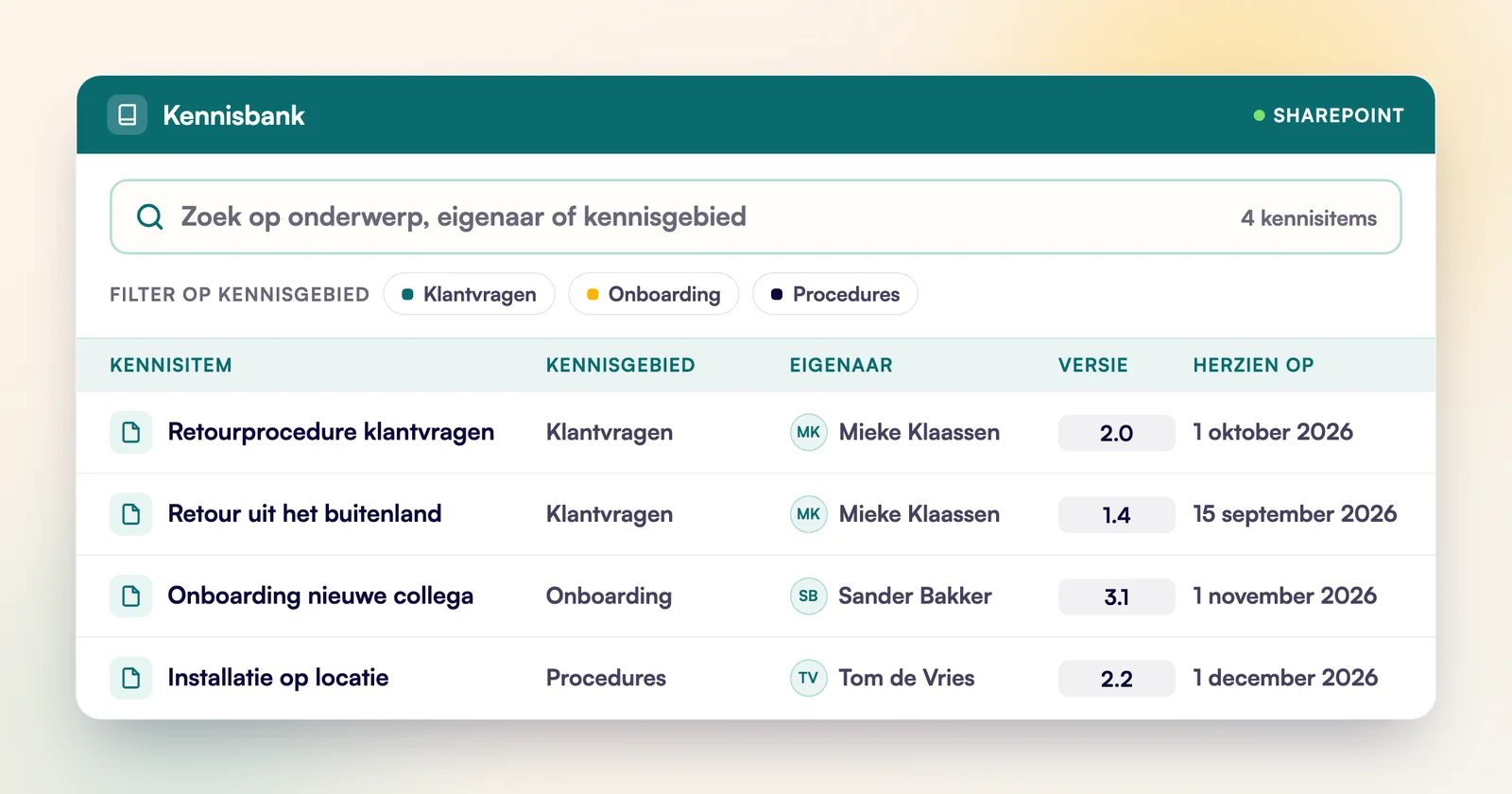 SharePoint-kennisbank met kolommen voor kennisgebied, eigenaar, versie en reviewdatum naast een zoekbalk